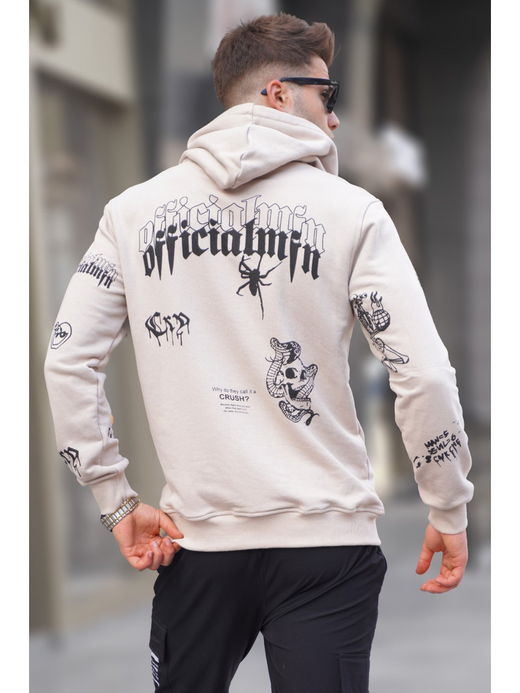 Bej Baskılı Kapüşonlu Erkek Hoodie 5895-1