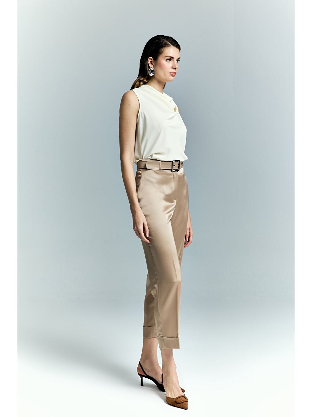 Bej Lisa Saten Duble Paça Pantolon - Vizon-1