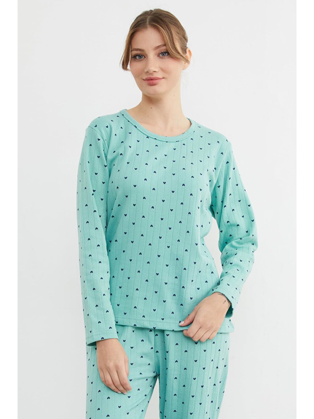 Yeşil Büyük Beden Kalp Ve Yıldız Desenli Pijama Takımı-3