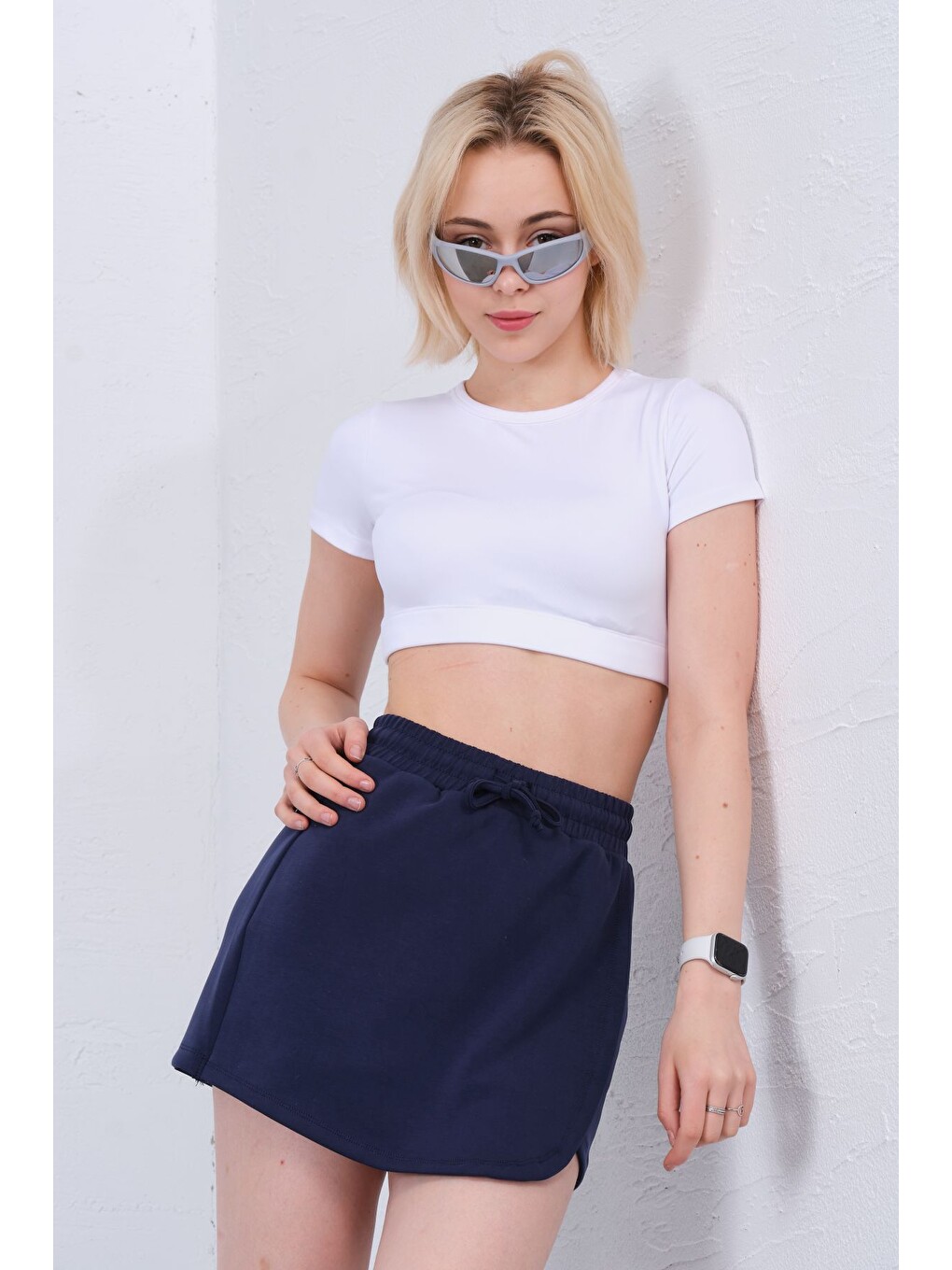 Lacivert Modal Karışımlı Çift Görünümlü Şort Etek – Beli Lastikli Ve Bağcıklı, Örme Kadın Skort @treviso-1