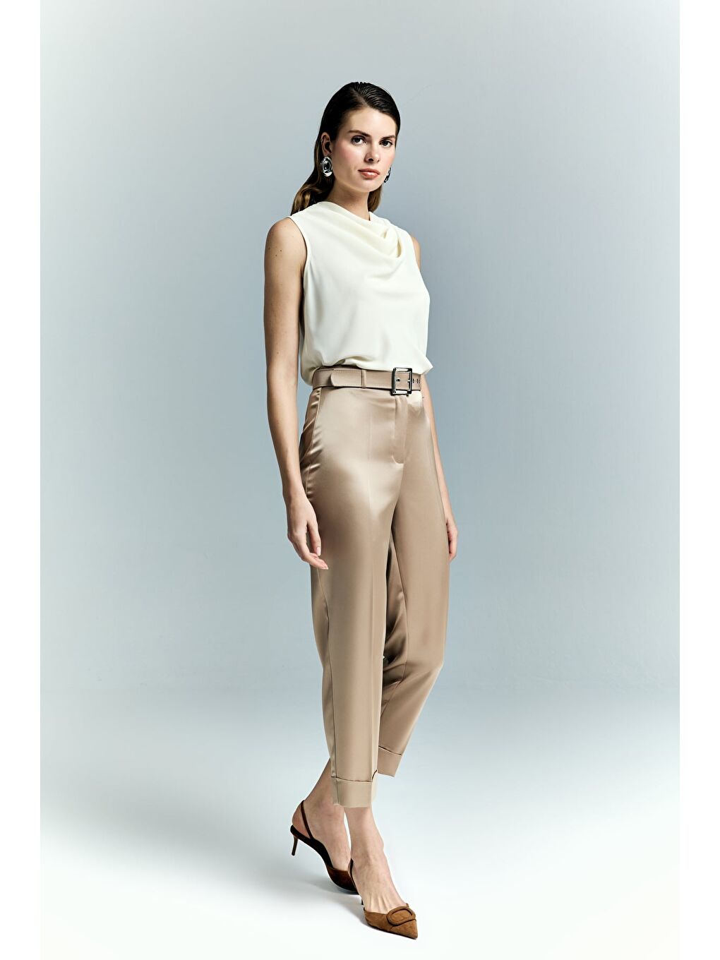 Bej Lisa Saten Duble Paça Pantolon - Vizon-2