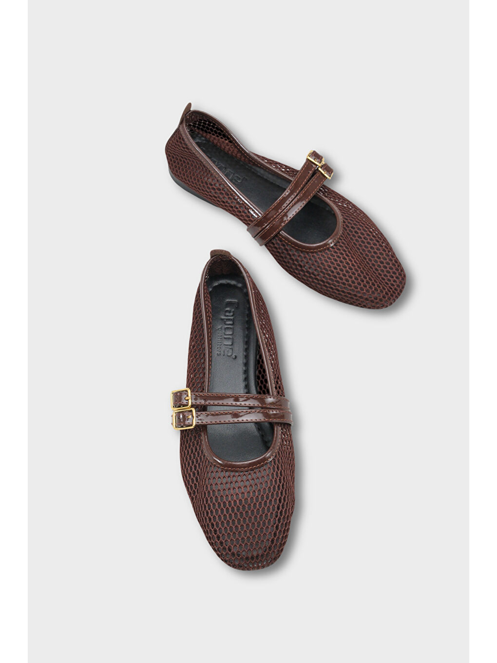 Kahverengi June Tokalı Çift Bantlı Fileli Yuvarlak Burunlu Düz Topuklu Günlük Kadın Babet-4