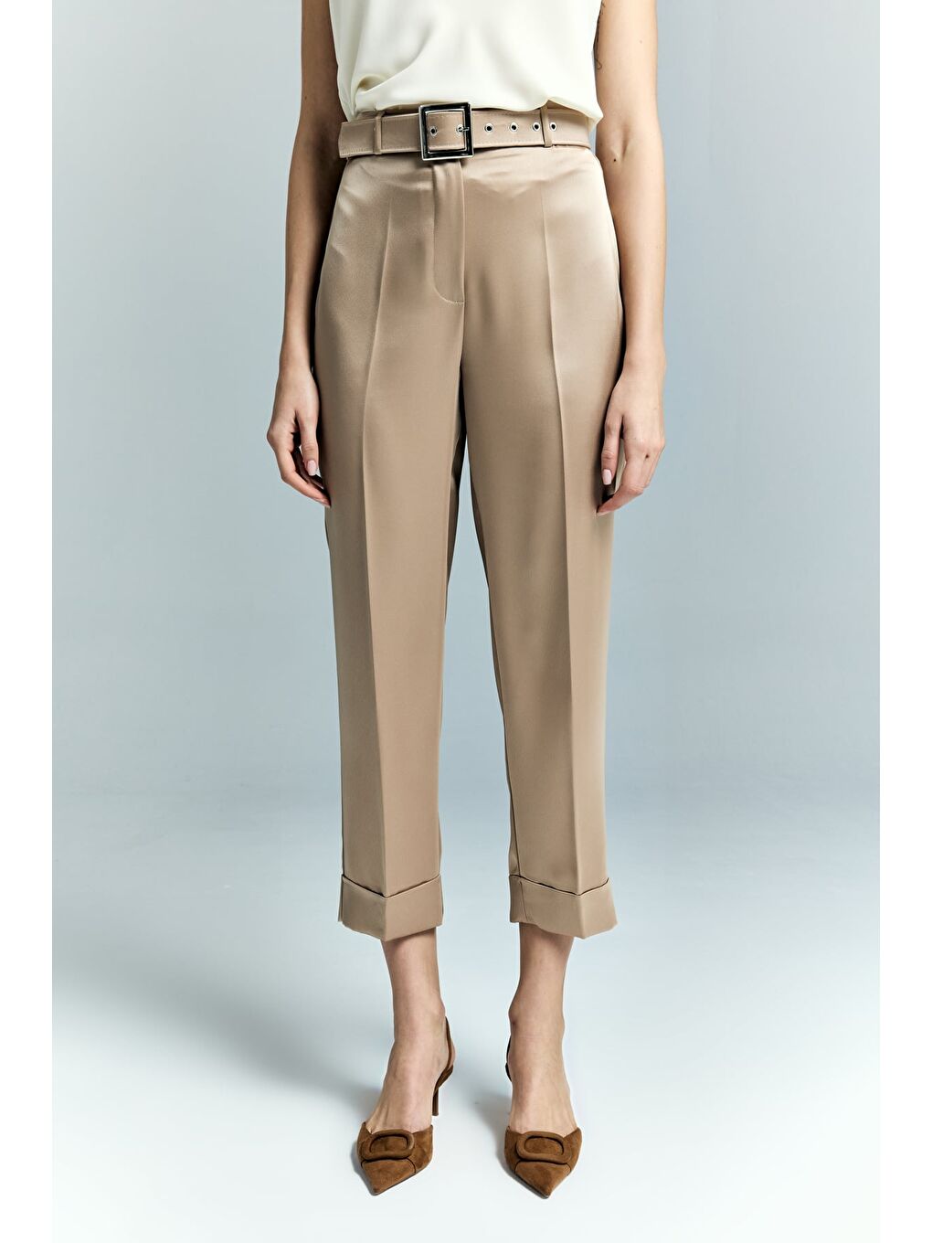 Bej Lisa Saten Duble Paça Pantolon - Vizon-3