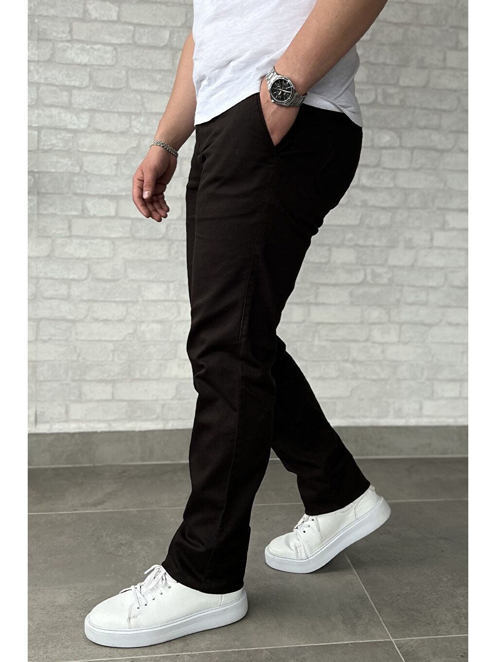 Kahverengi Erkek Amblem Detaylı Gabardin Pantolon-1