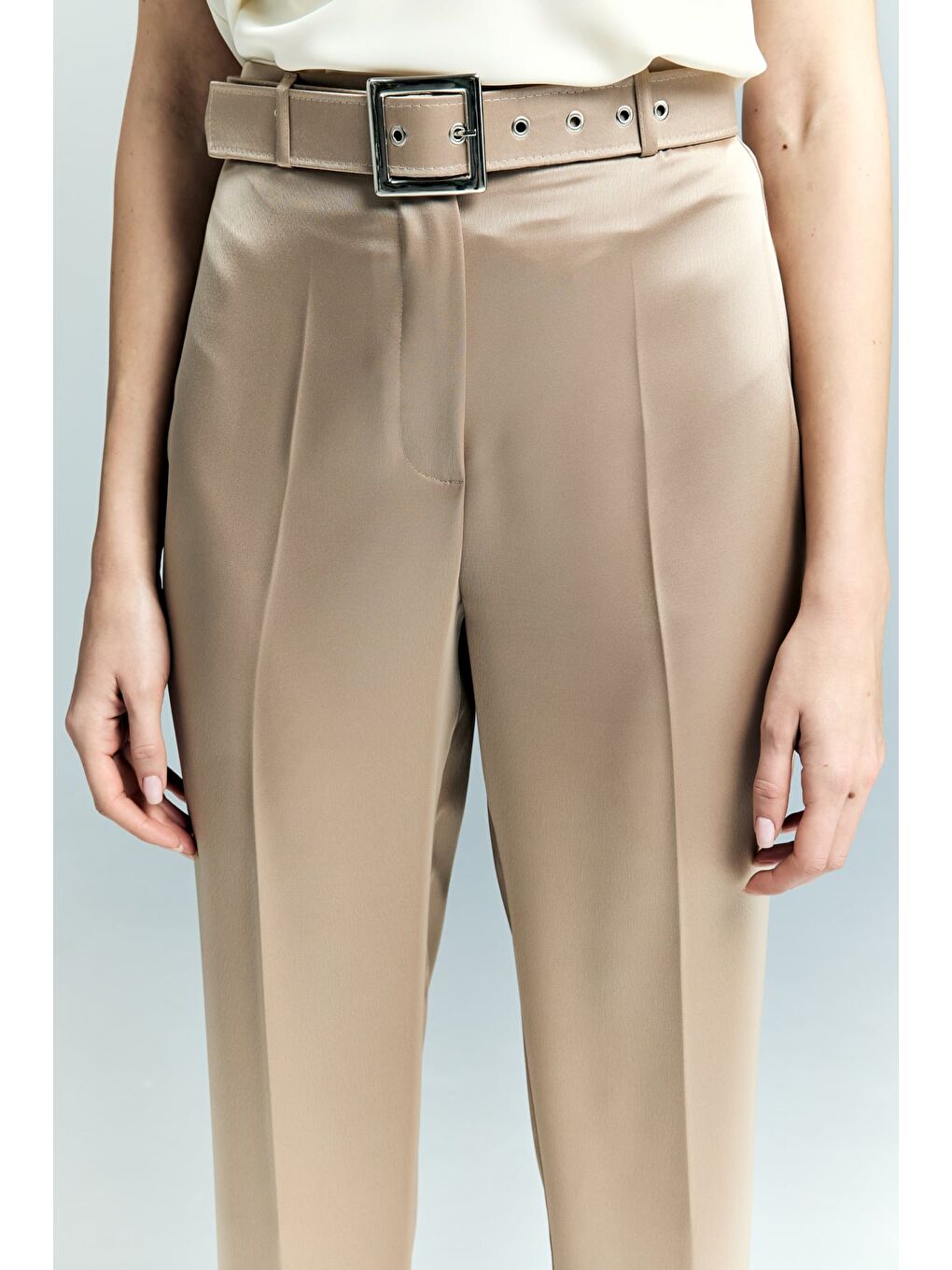 Bej Lisa Saten Duble Paça Pantolon - Vizon-4