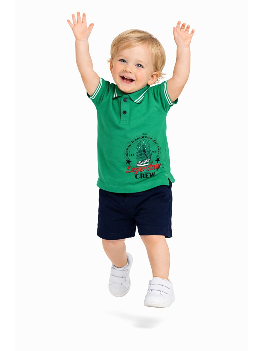 Yeşil Erkek Bebek Polo Yaka Baskılı Tshirt Şort Yazlık Takım-1