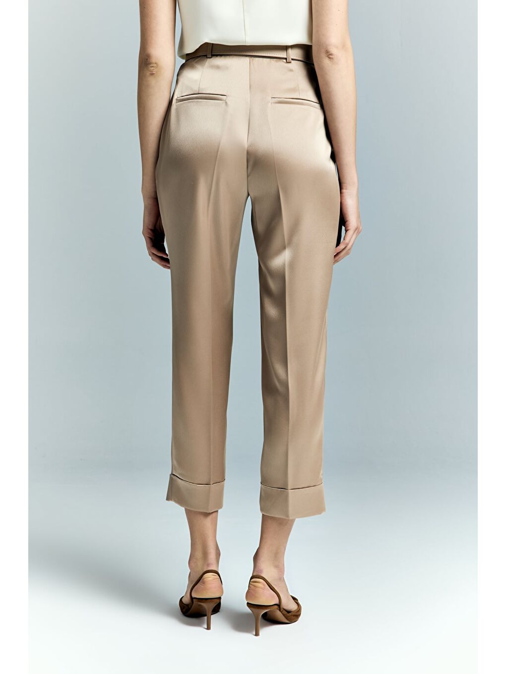 Bej Lisa Saten Duble Paça Pantolon - Vizon-5