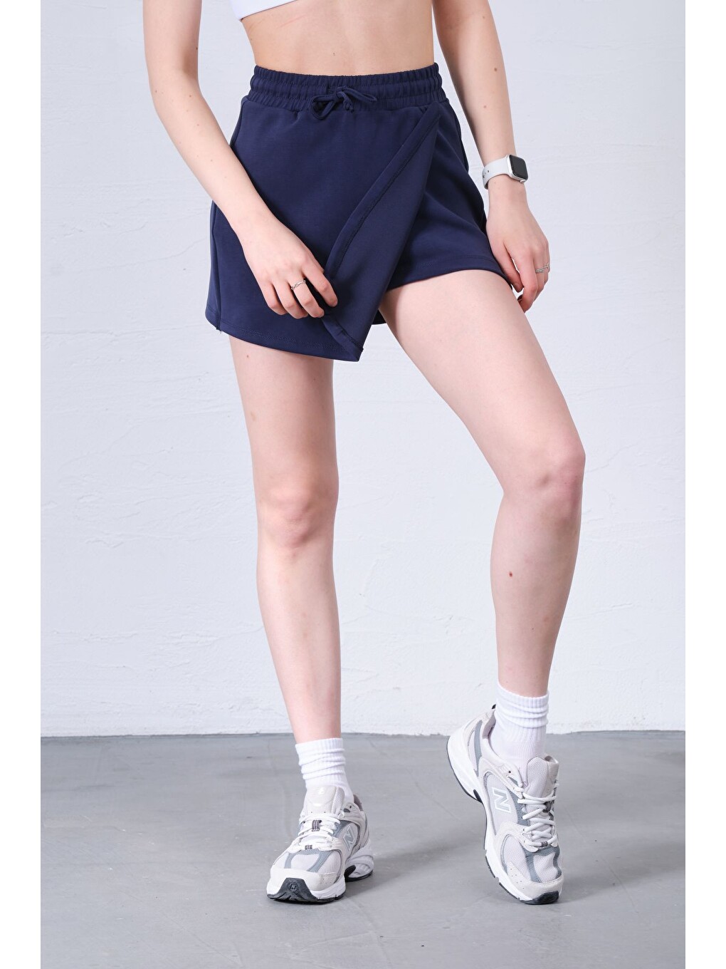 Lacivert Modal Karışımlı Çift Görünümlü Şort Etek – Beli Lastikli Ve Bağcıklı, Örme Kadın Skort @treviso-3