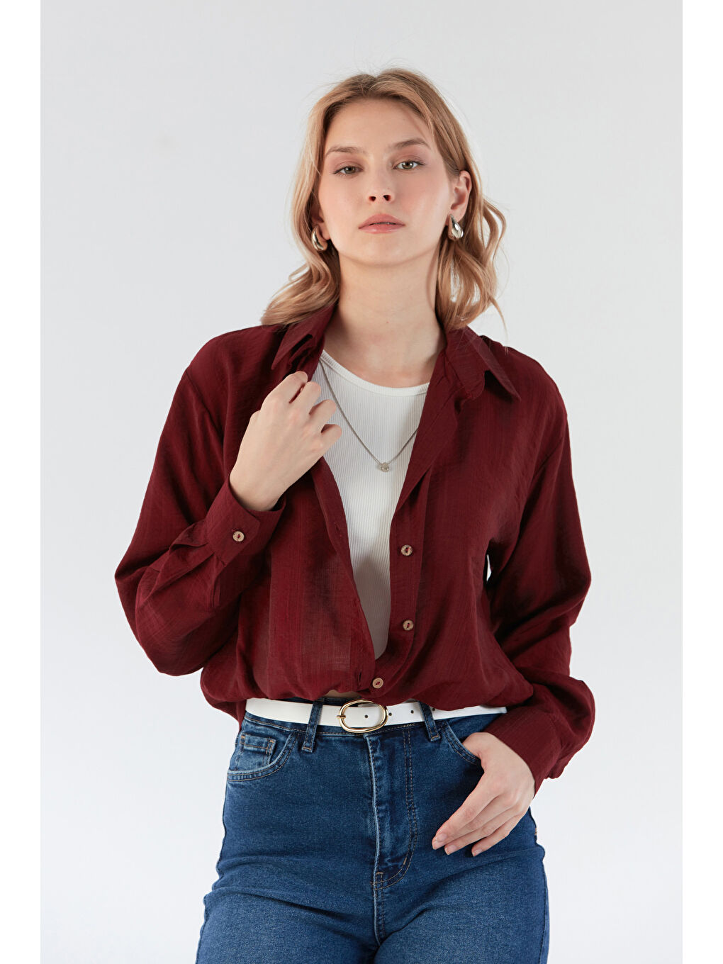 Bordo Basic Body Detaylı Kolyeli Gömlek