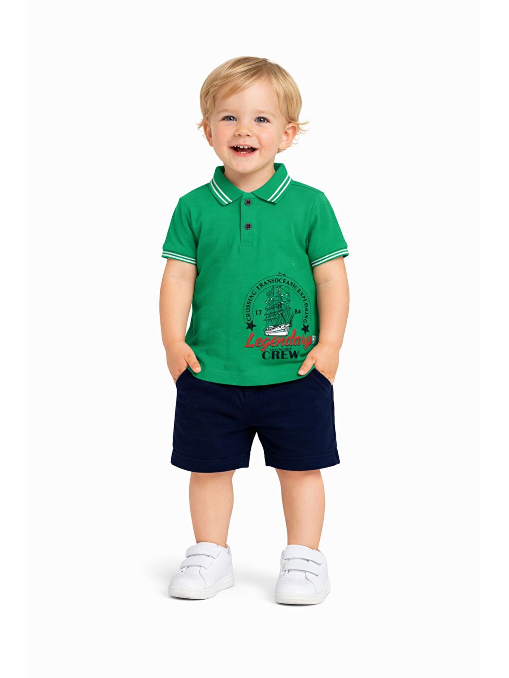 Yeşil Erkek Bebek Polo Yaka Baskılı Tshirt Şort Yazlık Takım-2