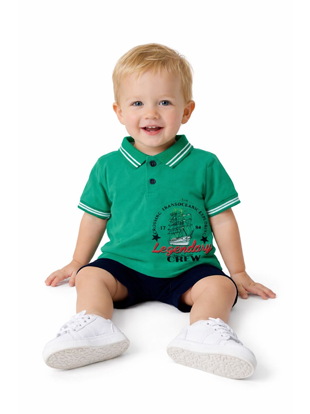 Yeşil Erkek Bebek Polo Yaka Baskılı Tshirt Şort Yazlık Takım-3