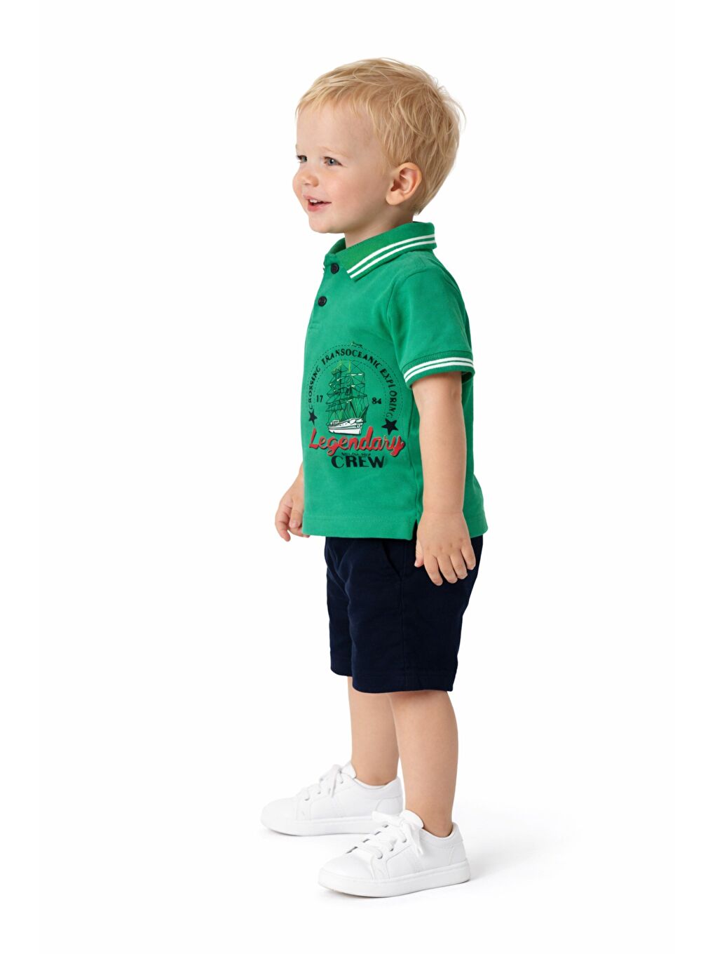 Yeşil Erkek Bebek Polo Yaka Baskılı Tshirt Şort Yazlık Takım-4
