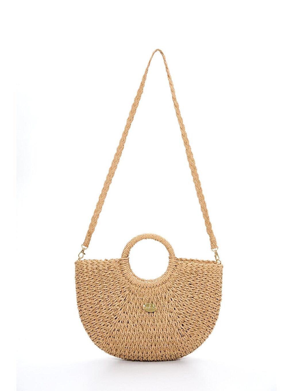 Sarı İmza Detaylı Camel Renk Örme Hasır Çanta 3220