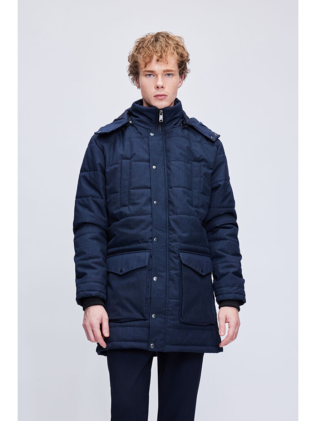 Lacivert Dinamit Fit Hakim Yaka Desenli Kapitone Uzun Kapüşonlu Mont