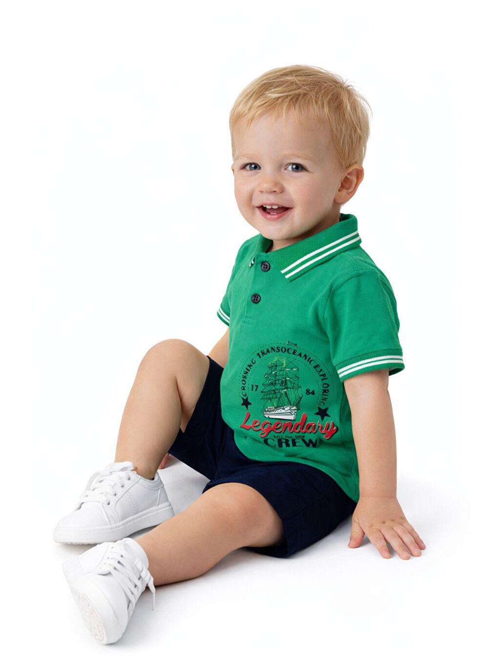 Yeşil Erkek Bebek Polo Yaka Baskılı Tshirt Şort Yazlık Takım-5