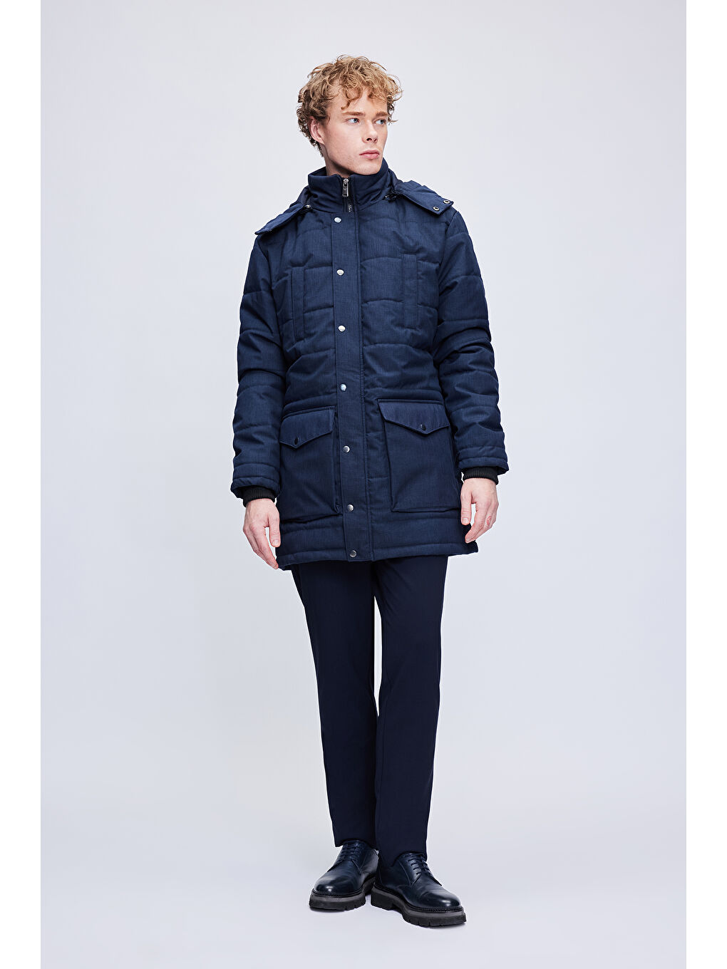 Lacivert Dinamit Fit Hakim Yaka Desenli Kapitone Uzun Kapüşonlu Mont-1