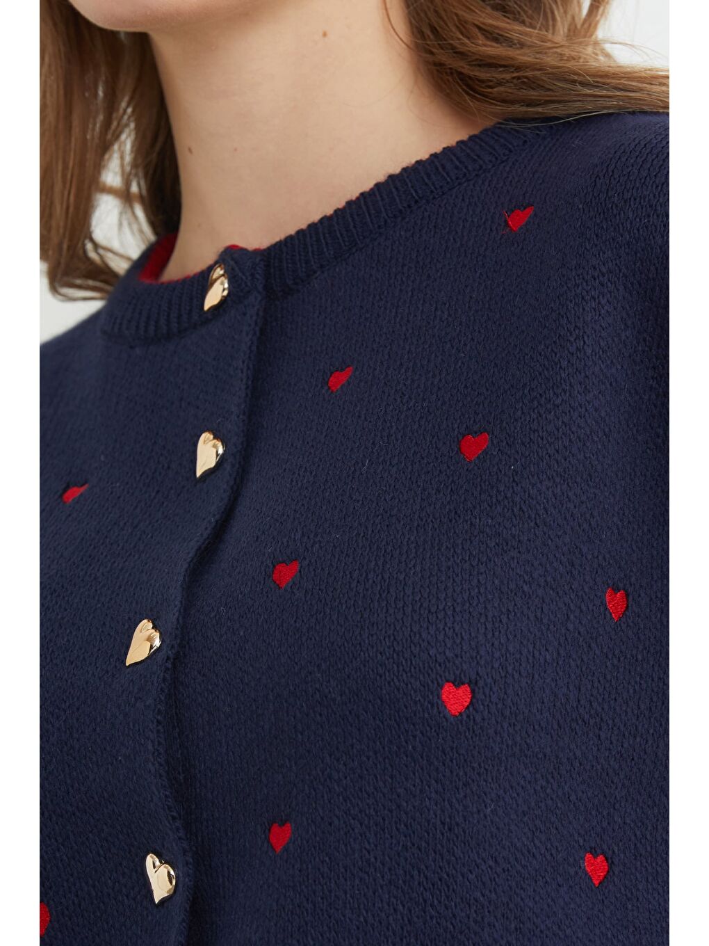 Lacivert Kalp Nakışlı Düğmeli Triko Hırka-2
