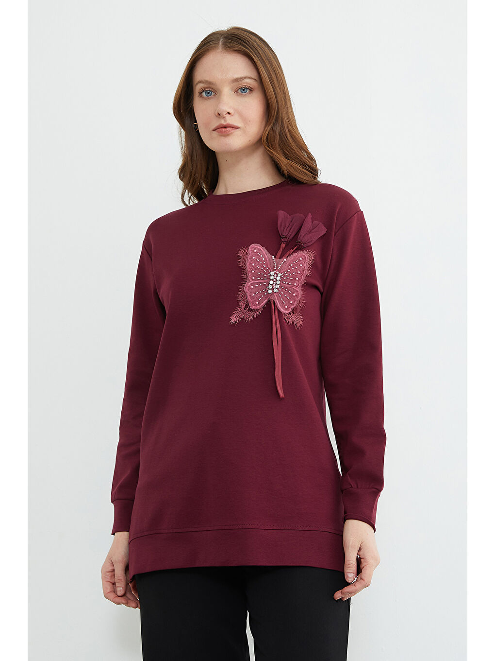Bordo Kelebek Nakışlı Taşlı Bisiklet Yaka Tunik-1