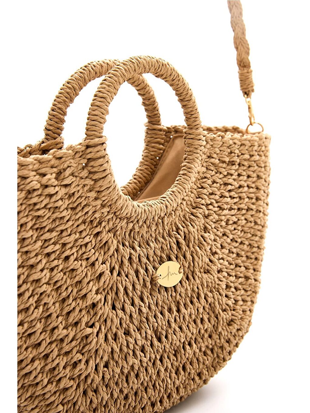 Sarı İmza Detaylı Camel Renk Örme Hasır Çanta 3220-2