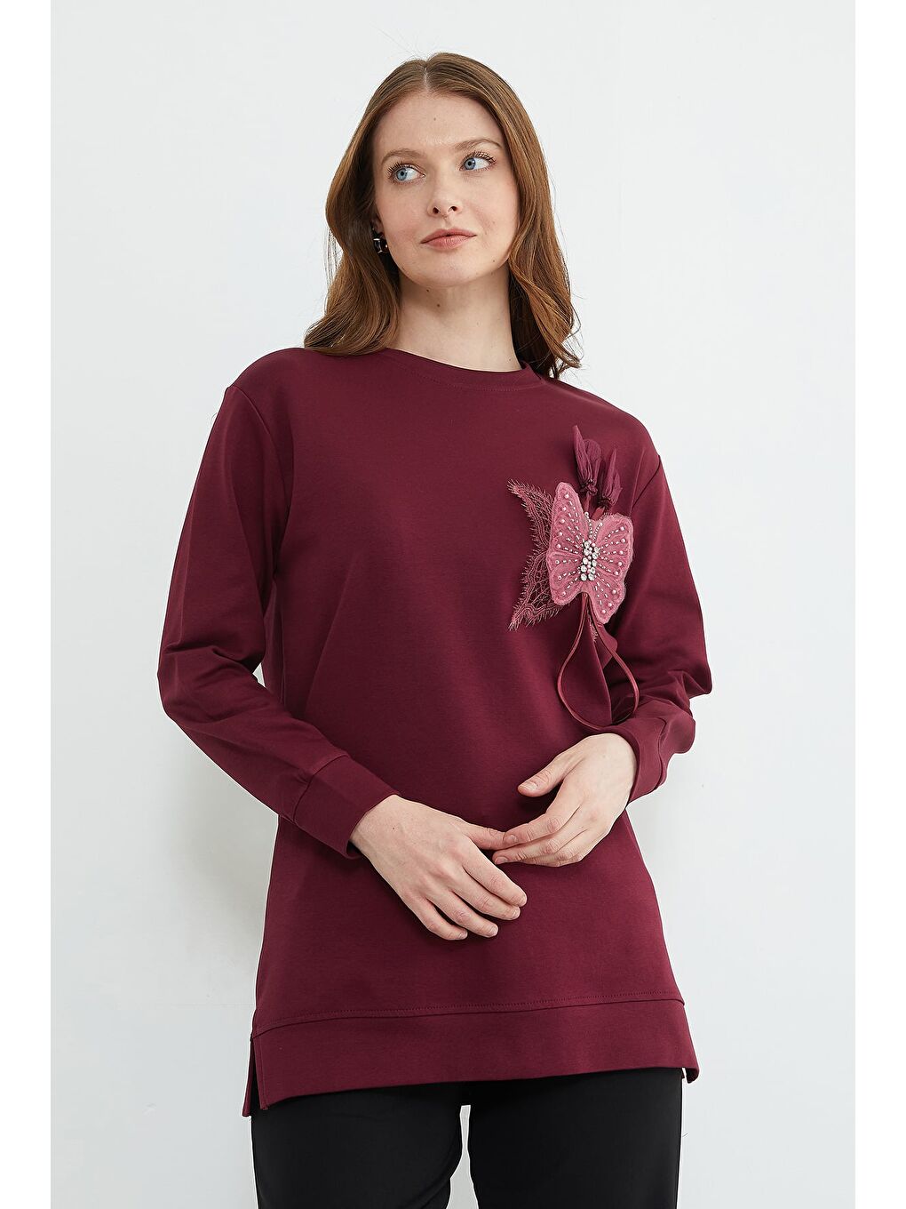 Bordo Kelebek Nakışlı Taşlı Bisiklet Yaka Tunik-2