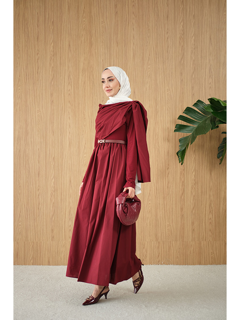 Kadın Şal Detaylı Kemerli Poplin Elbise Bordo-1