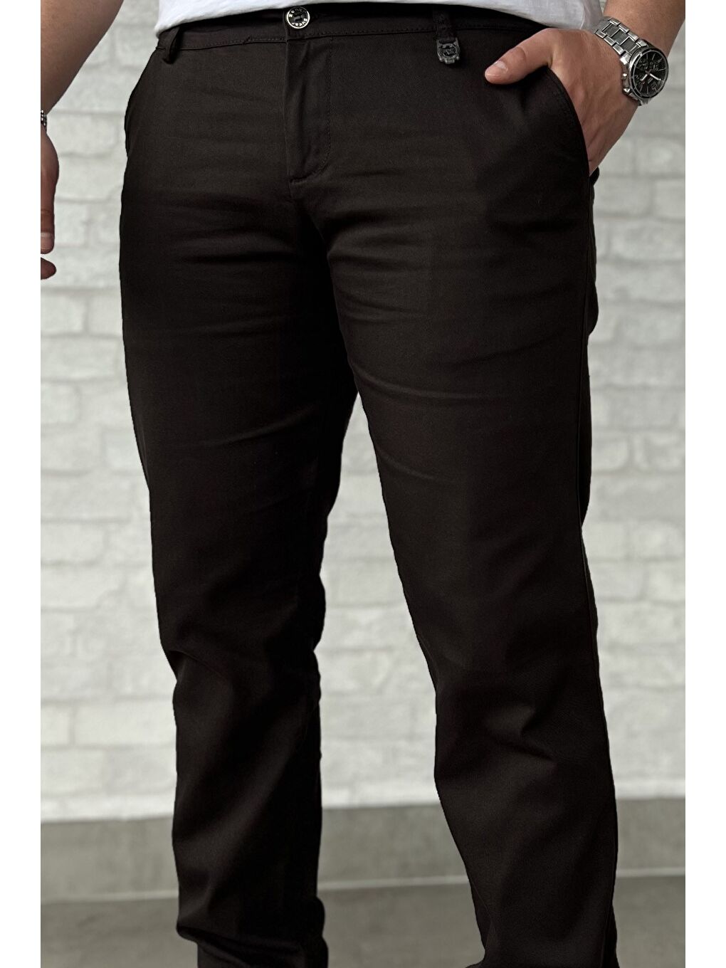 Kahverengi Erkek Amblem Detaylı Gabardin Pantolon-3