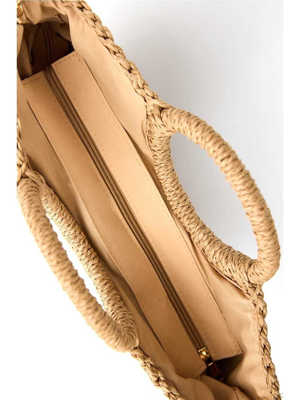 Sarı İmza Detaylı Camel Renk Örme Hasır Çanta 3220-3