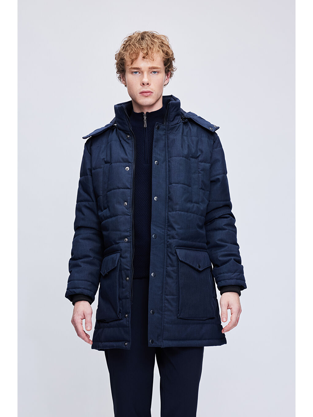 Lacivert Dinamit Fit Hakim Yaka Desenli Kapitone Uzun Kapüşonlu Mont-2