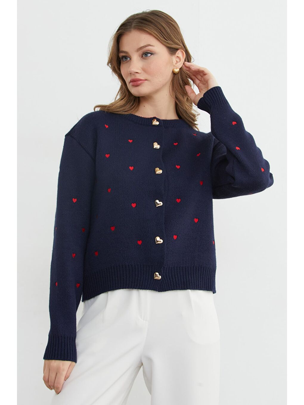 Lacivert Kalp Nakışlı Düğmeli Triko Hırka-3