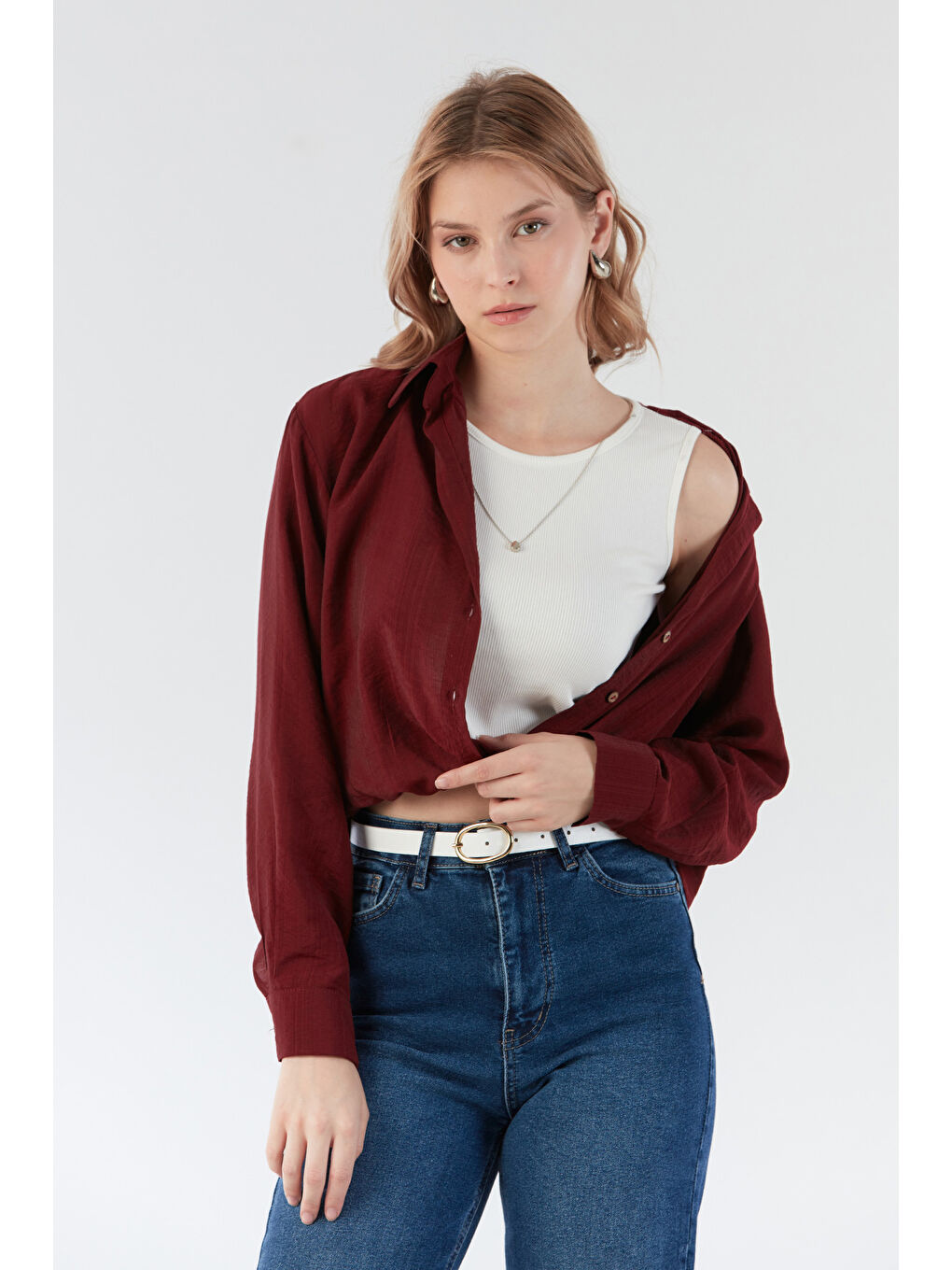 Bordo Basic Body Detaylı Kolyeli Gömlek-1