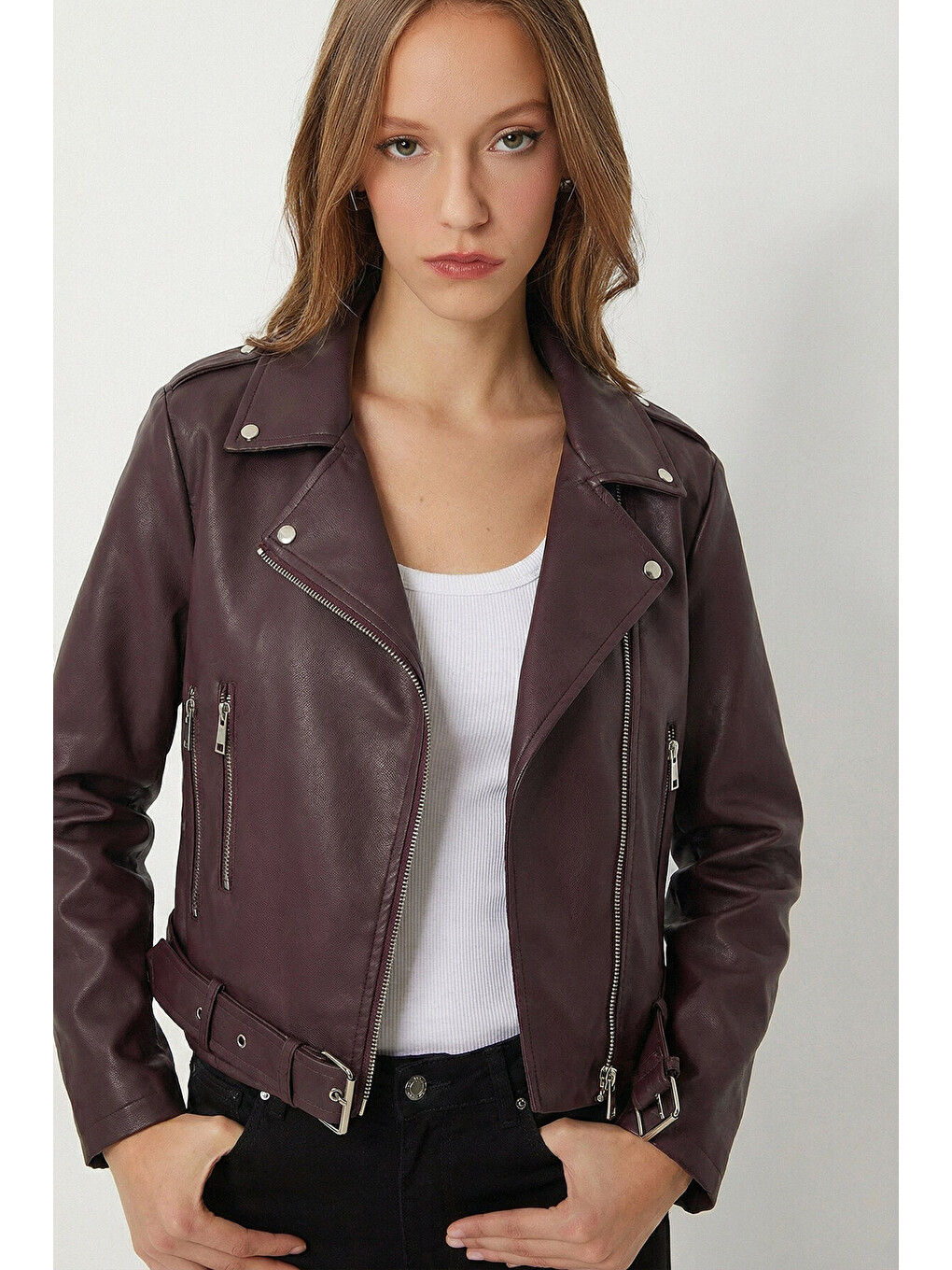 Mürdüm Kemerli Suni Deri Biker Ceket MÜRDÜM LAX0003