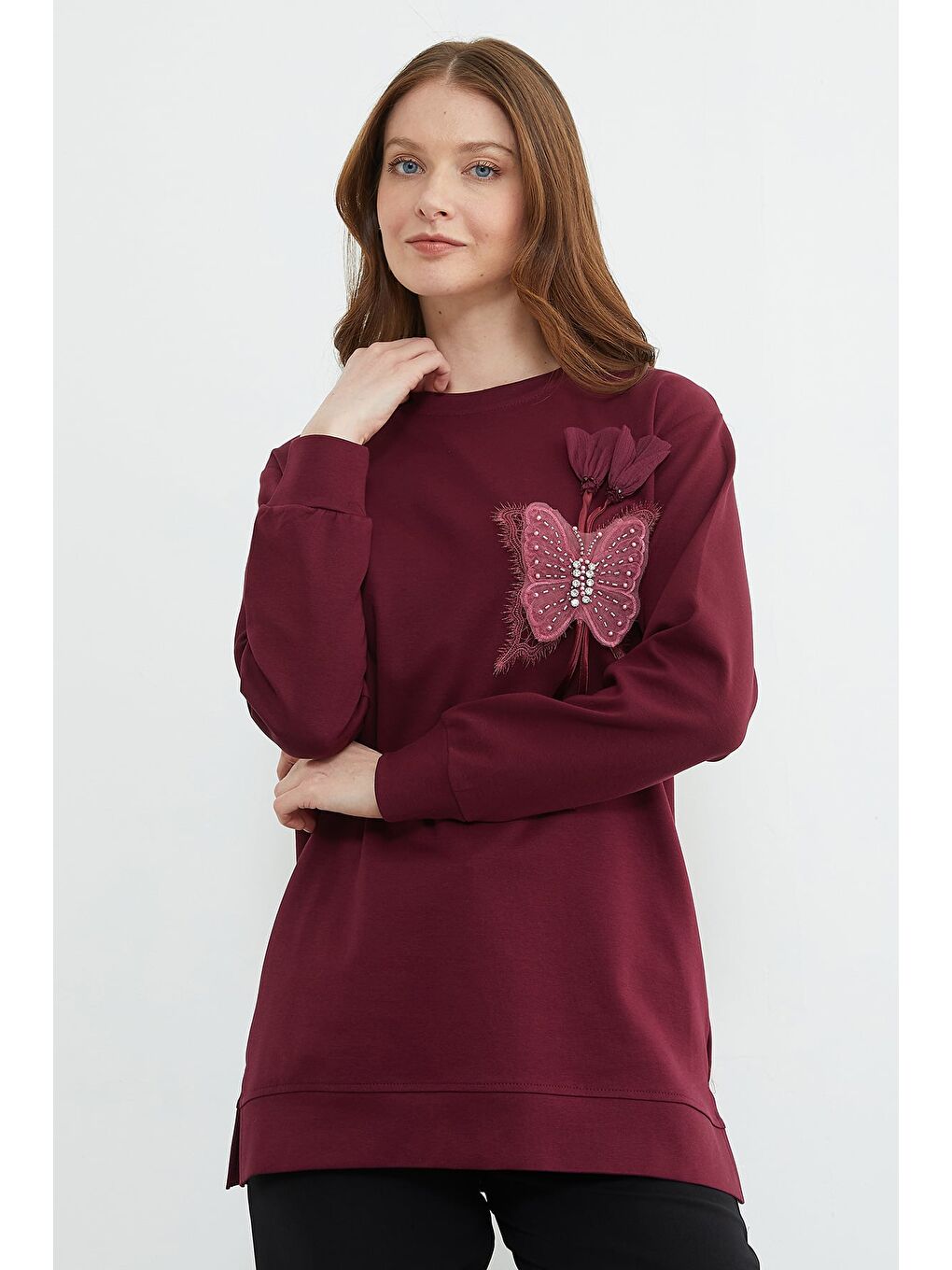 Bordo Kelebek Nakışlı Taşlı Bisiklet Yaka Tunik-4