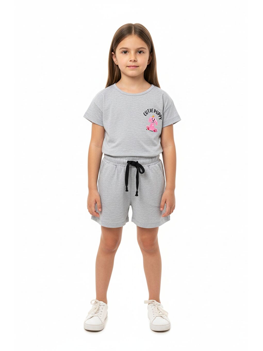 Gri Kız Çocuk 2'li Şortlu Takım Bisiklet Yaka Düşük Omuz Kısa Kollu Baskılı Tişört - Beli Lastikli Bağl