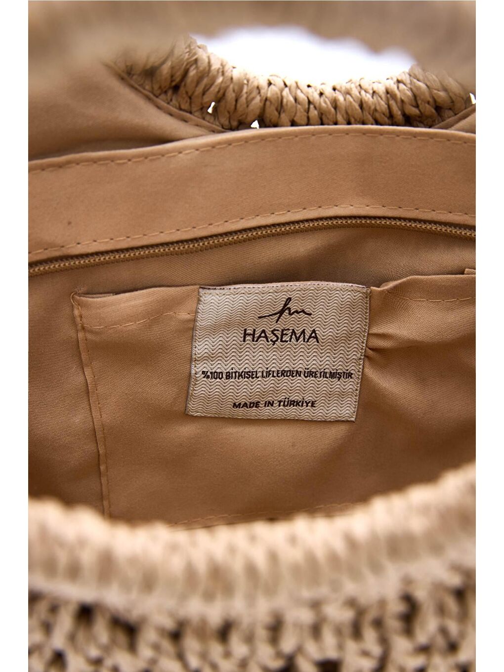 Sarı İmza Detaylı Camel Renk Örme Hasır Çanta 3220-4