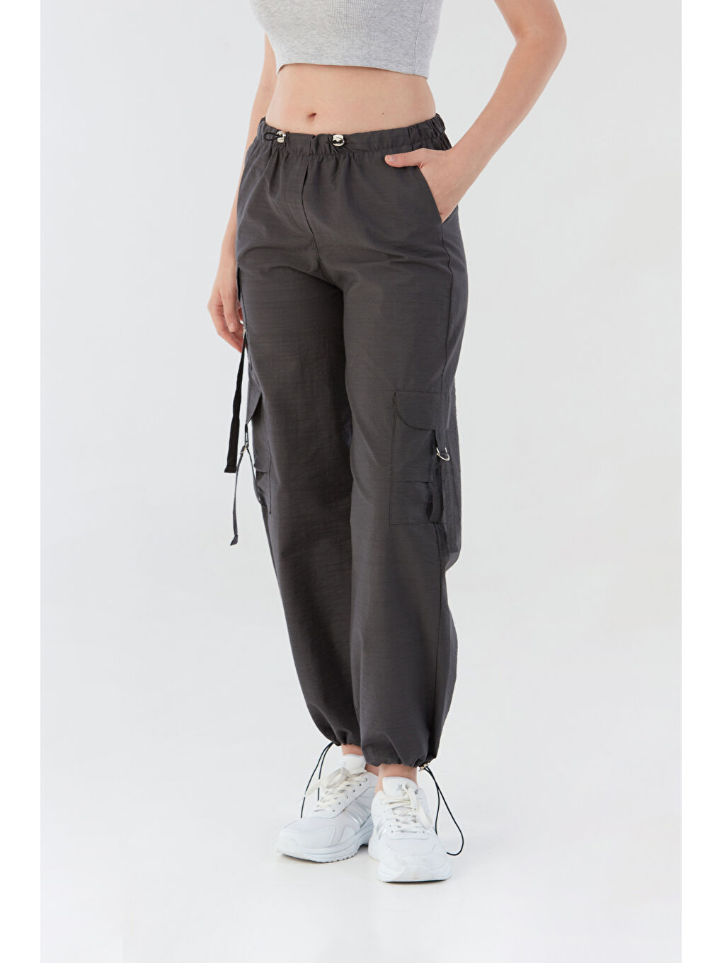 Antrasit Beli Lastikli Paraşüt Kumaş Pantolon-4