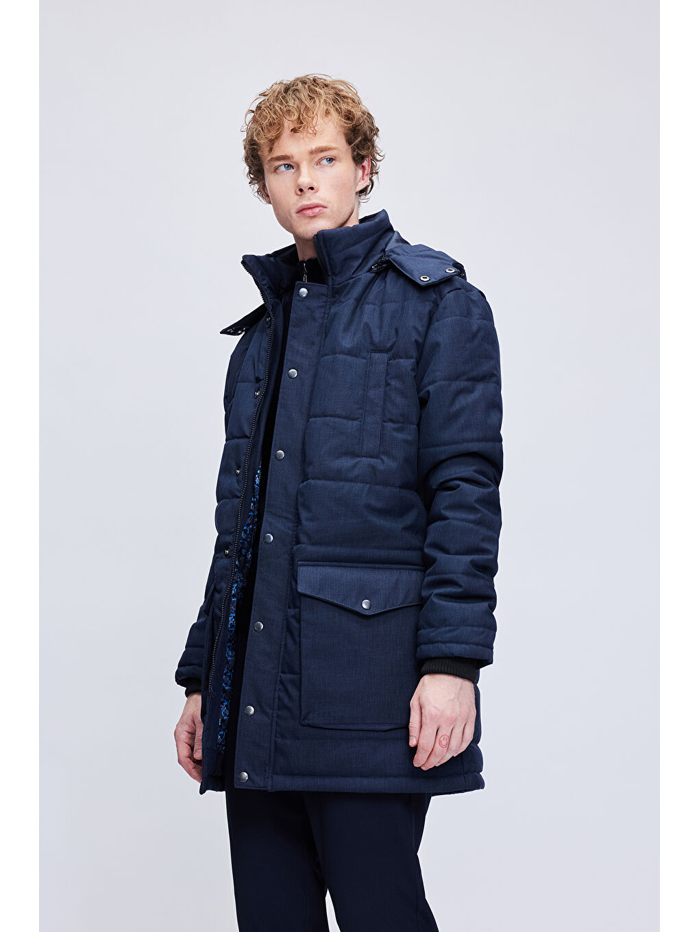 Lacivert Dinamit Fit Hakim Yaka Desenli Kapitone Uzun Kapüşonlu Mont-3