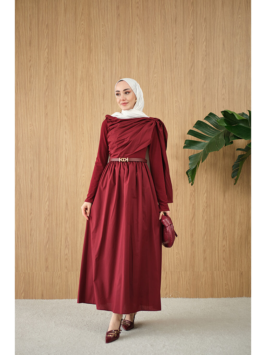 Kadın Şal Detaylı Kemerli Poplin Elbise Bordo-2