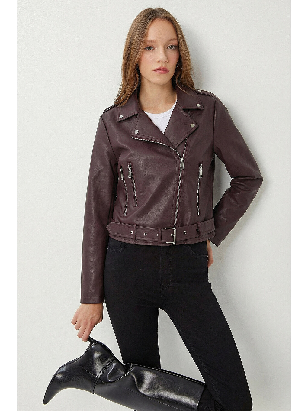 Mürdüm Kemerli Suni Deri Biker Ceket MÜRDÜM LAX0003-3
