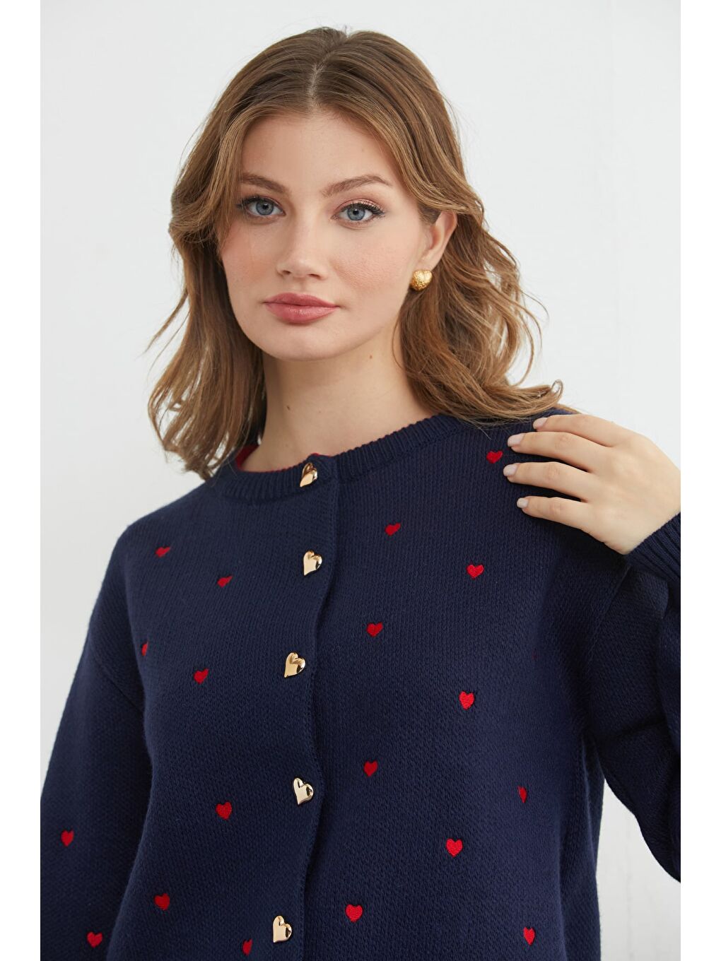 Lacivert Kalp Nakışlı Düğmeli Triko Hırka-4