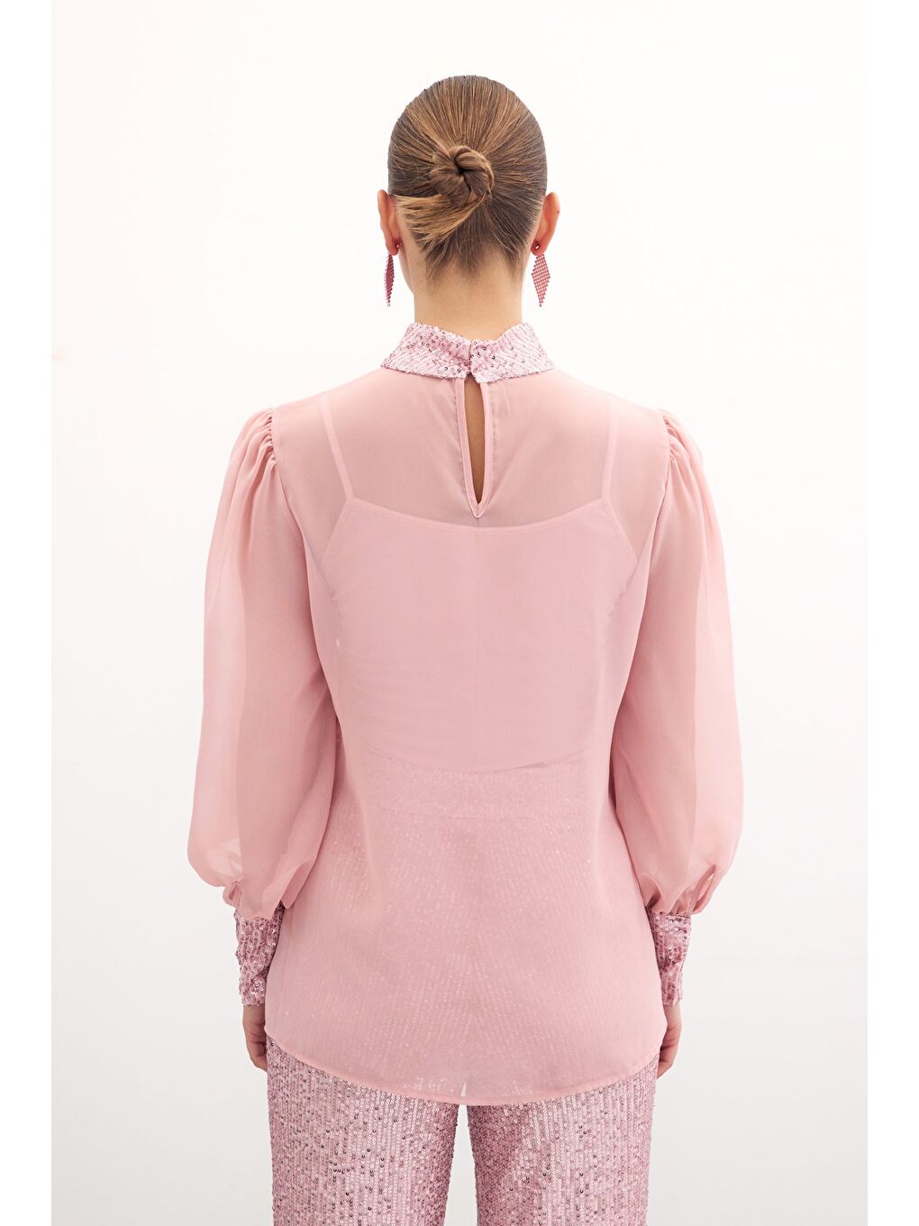Pembe Payet Detaylı Bluz - Pudra-7