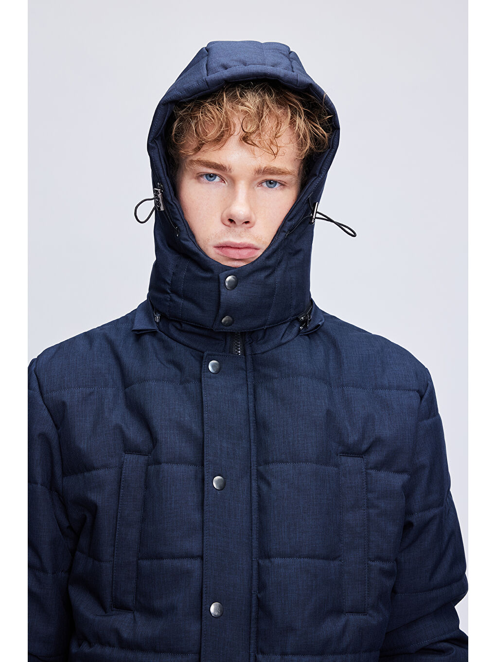 Lacivert Dinamit Fit Hakim Yaka Desenli Kapitone Uzun Kapüşonlu Mont-4