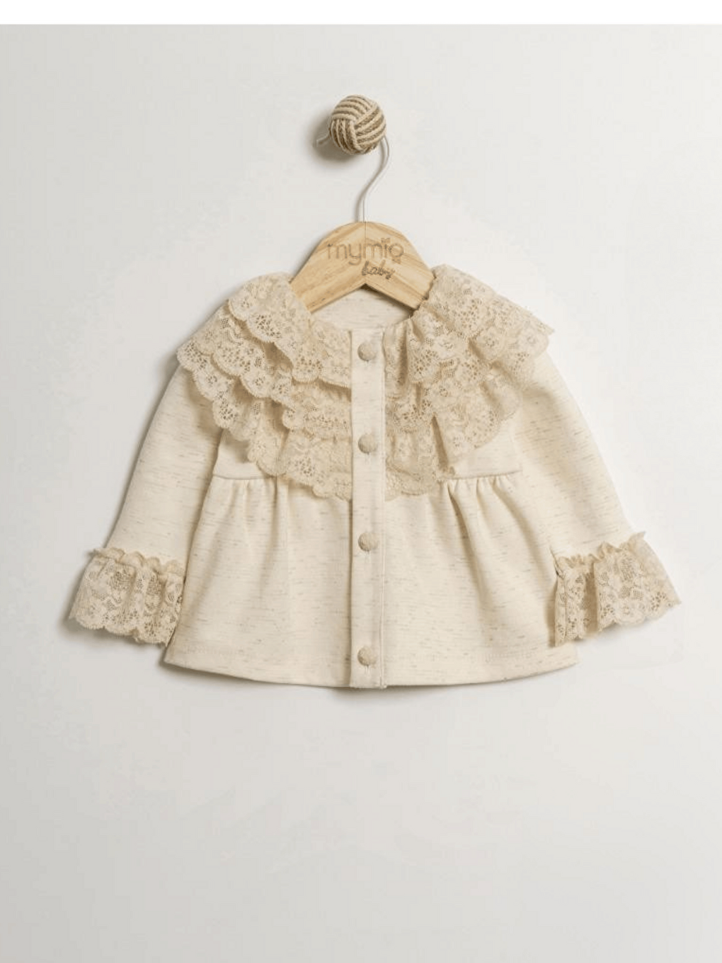 Bej Bisiklet Yaka Simli Dantel Detaylı Uzun Kollu Kız Bebek 3'lü Takım-1