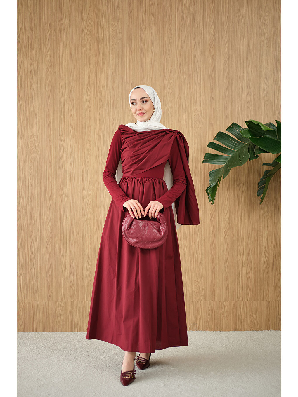 Kadın Şal Detaylı Kemerli Poplin Elbise Bordo-3
