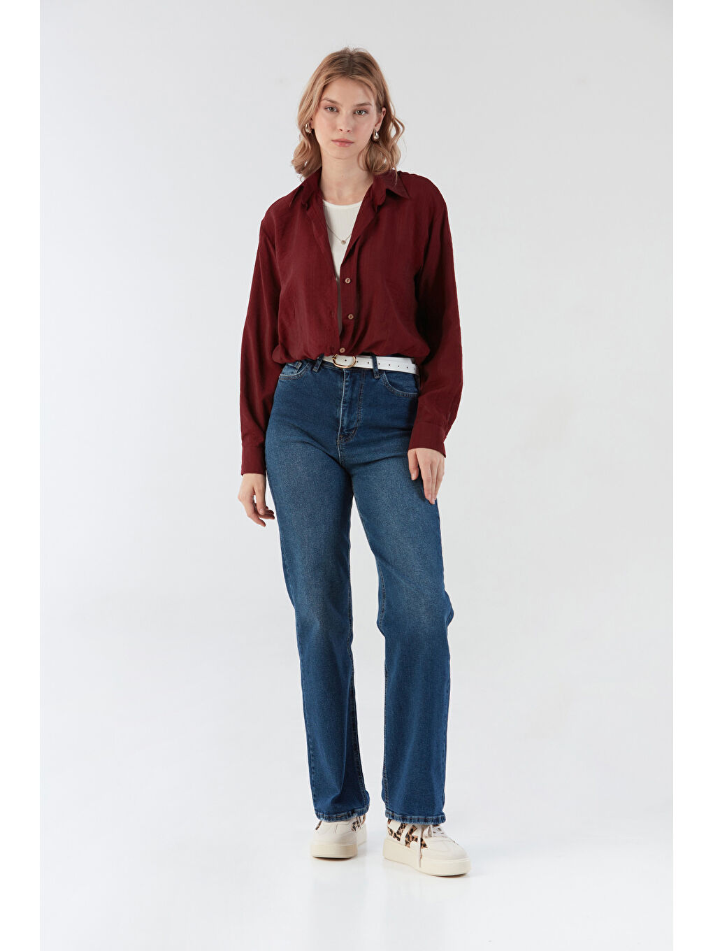 Bordo Basic Body Detaylı Kolyeli Gömlek-2