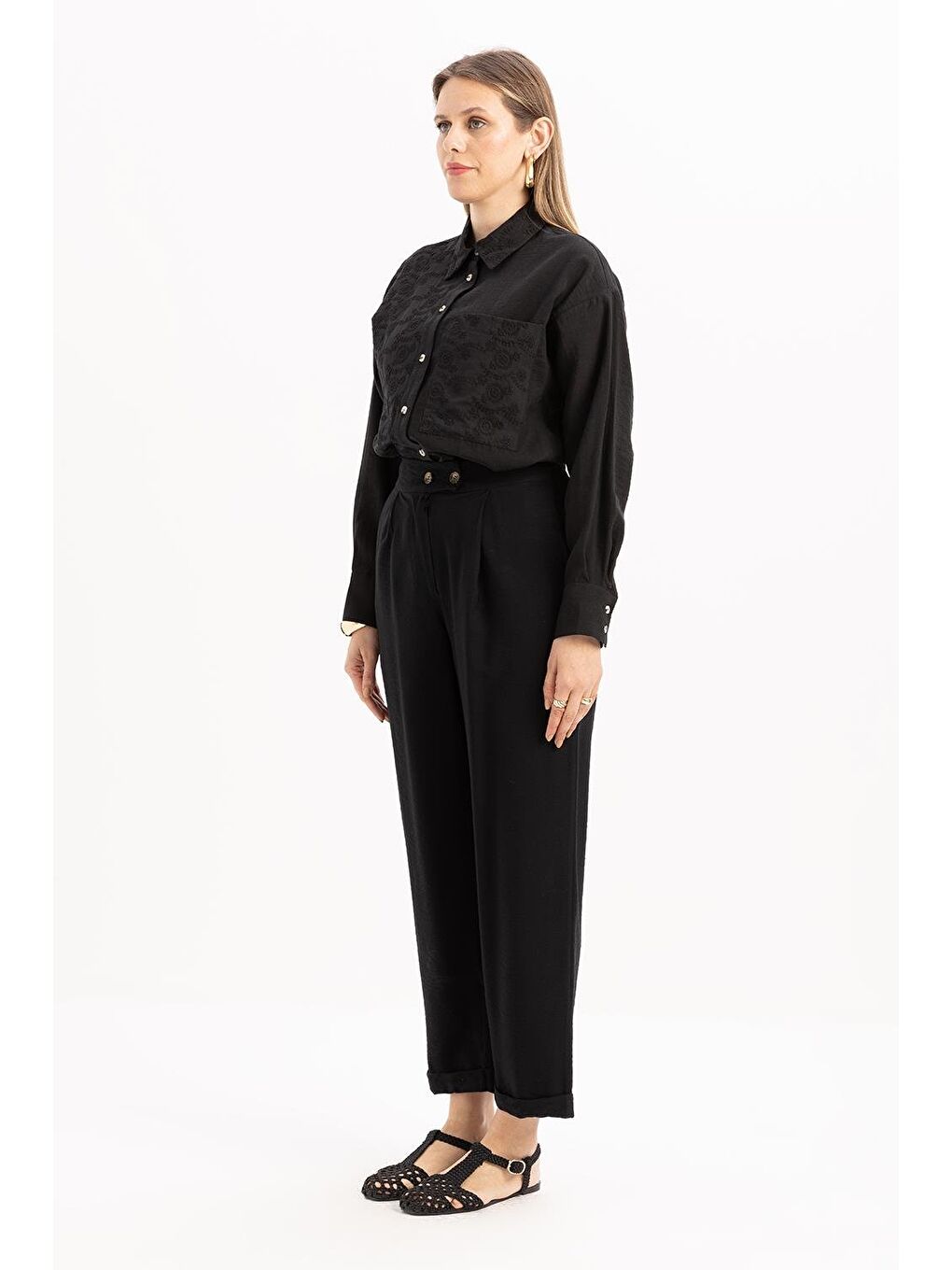 Siyah-Beli Lastikli Cepli Pantolon-2