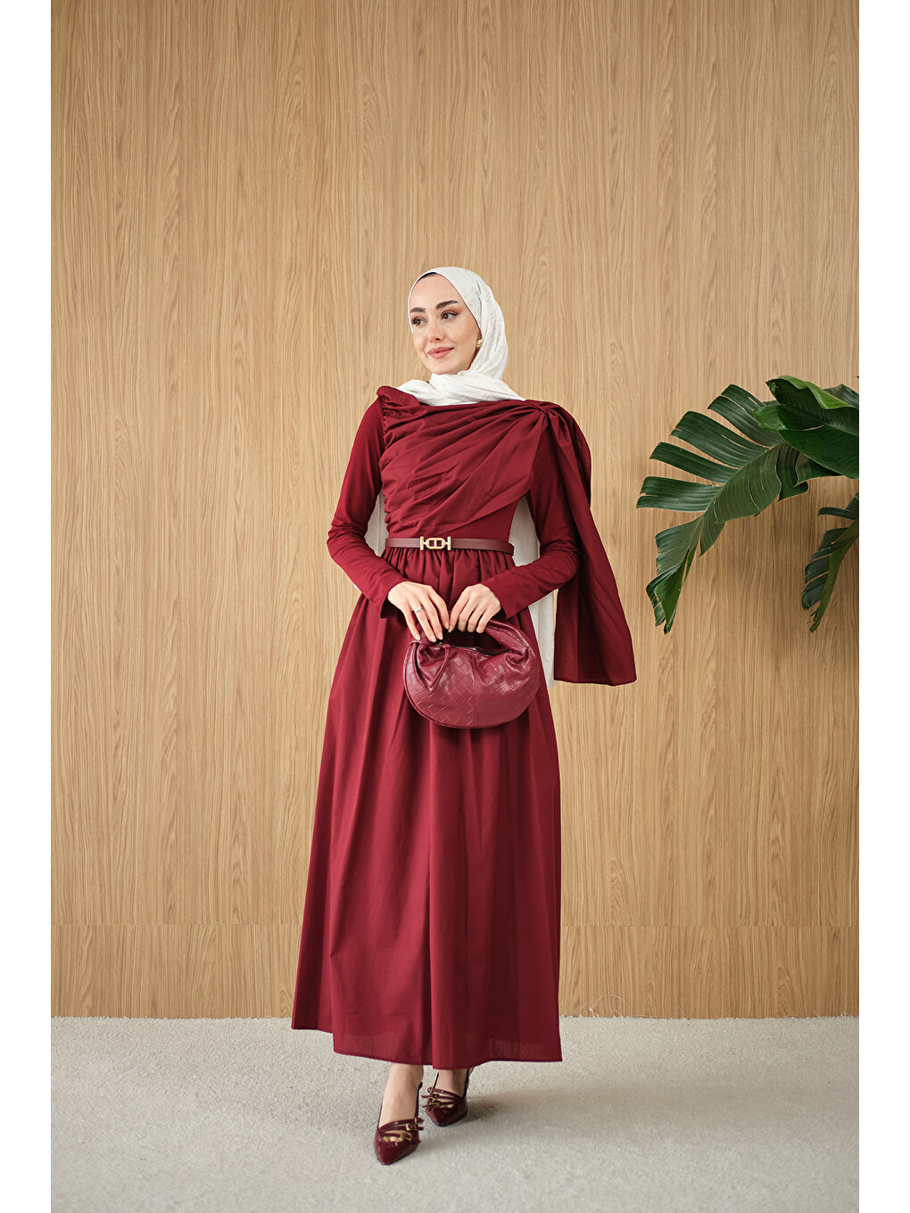 Kadın Şal Detaylı Kemerli Poplin Elbise Bordo-4