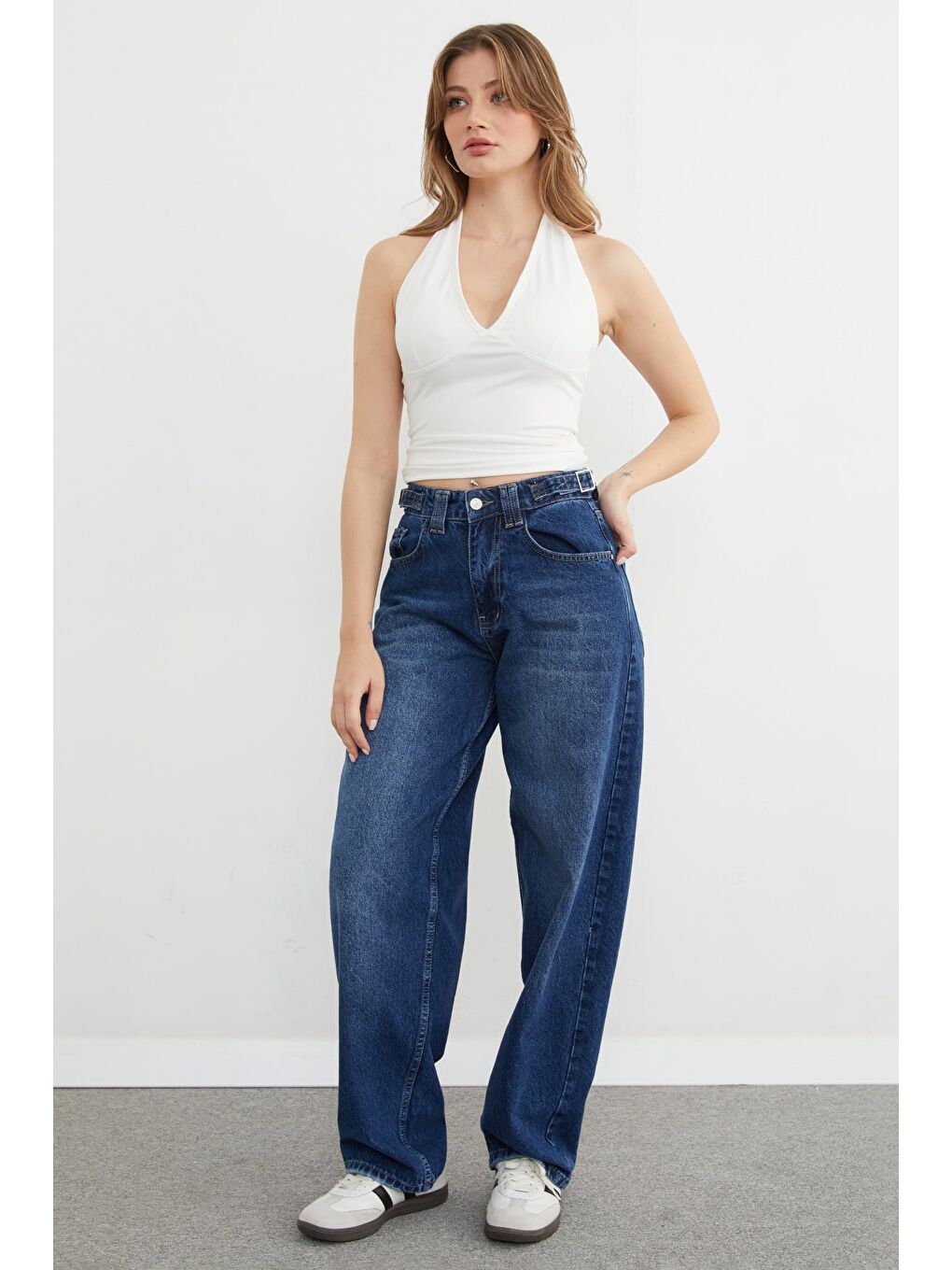 Lacivert Beli Tokalı Baggy Jean