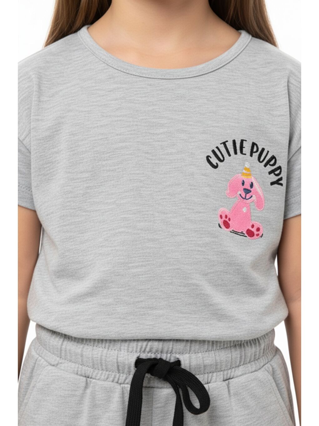 Gri Kız Çocuk 2'li Şortlu Takım Bisiklet Yaka Düşük Omuz Kısa Kollu Baskılı Tişört - Beli Lastikli Bağl-4