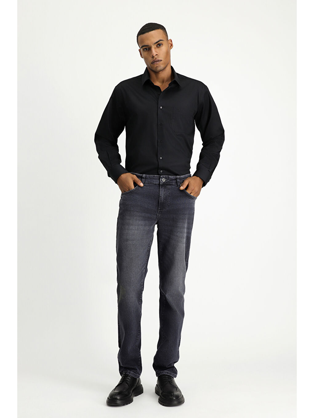 Siyah Uzun Kol Non Iron Saten Klasik Pamuklu Gömlek-1