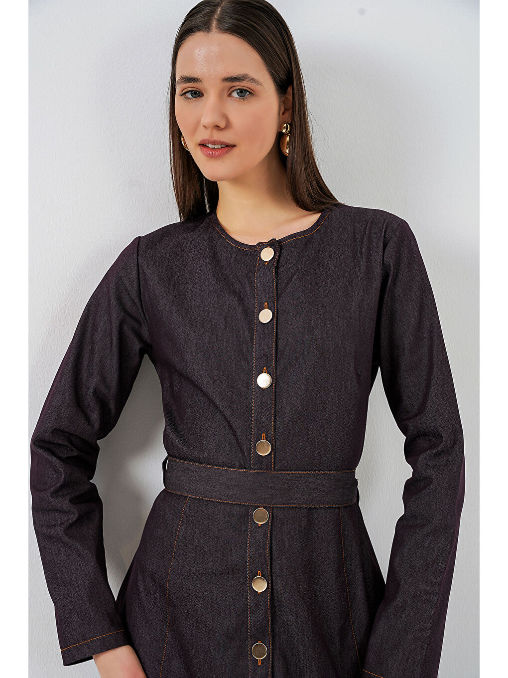 Kadın Kuşaklı Uzun Denim Elbise 2595 - Kahverengi-1